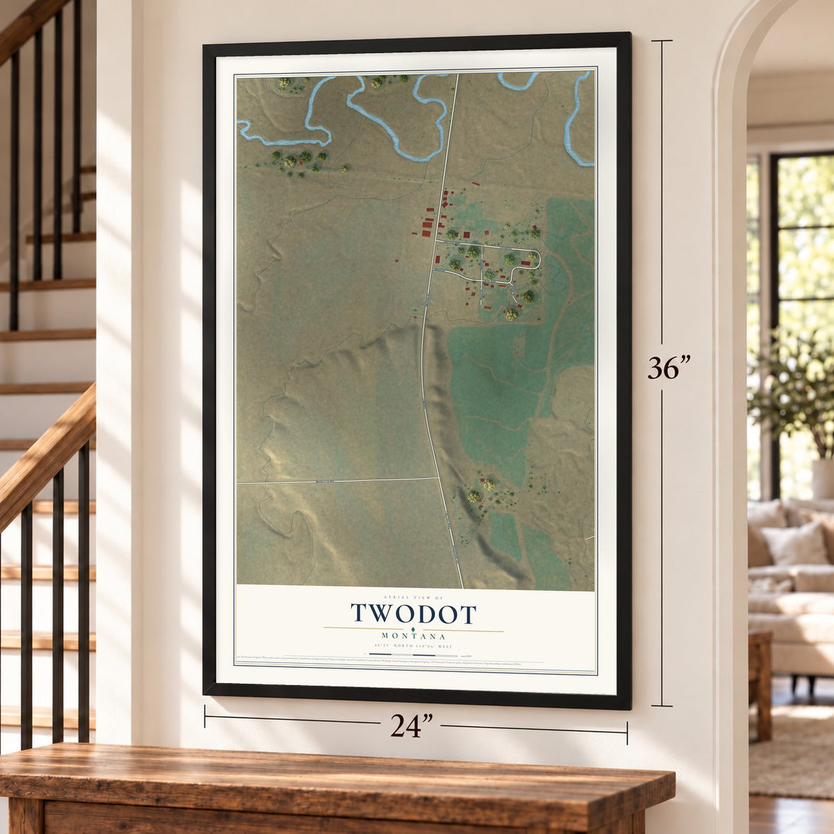 Twodot, Montana map, 24 x 36 inch print in a black frame by a staircase