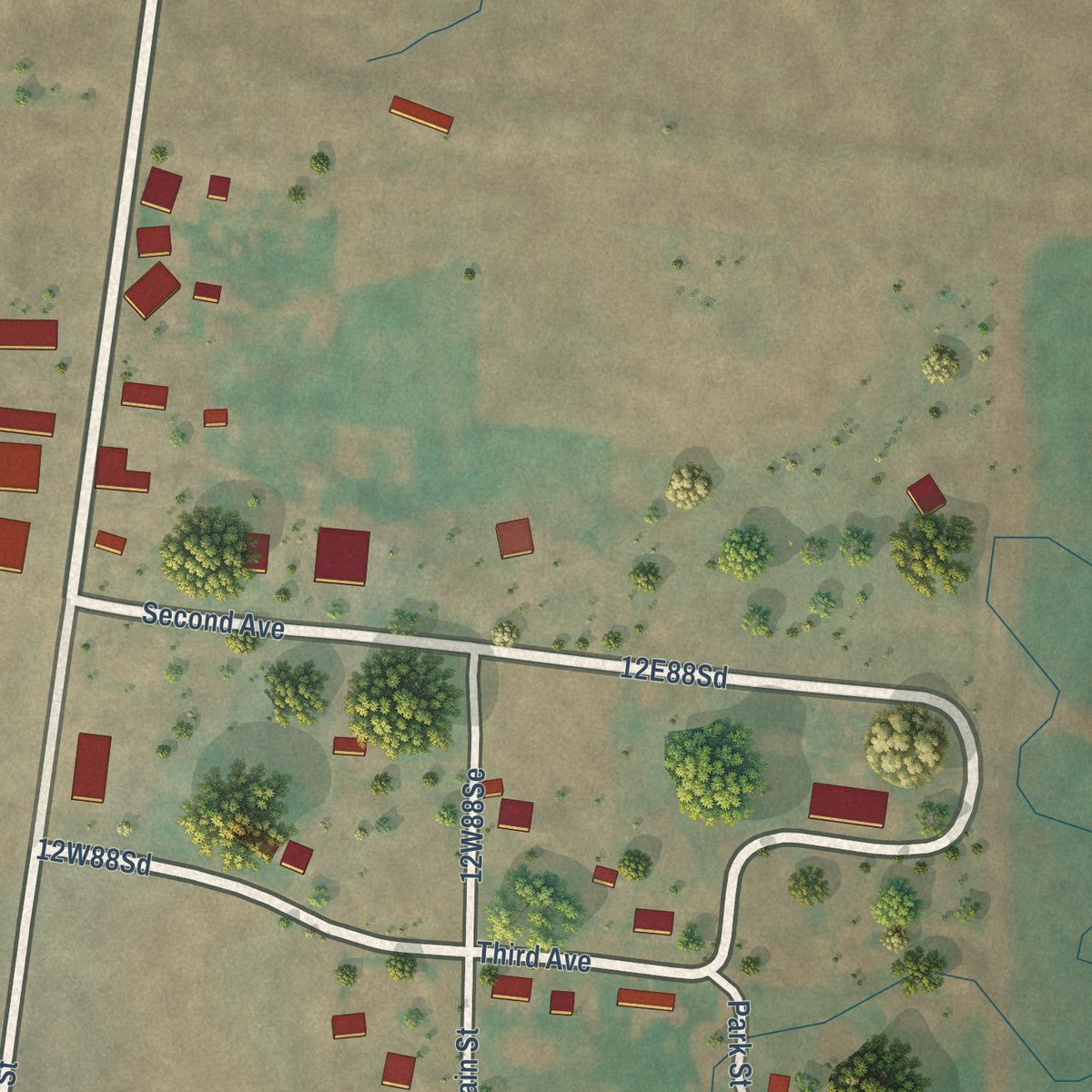 Close-up of the map of Twodot, Montana print showing street and building detail