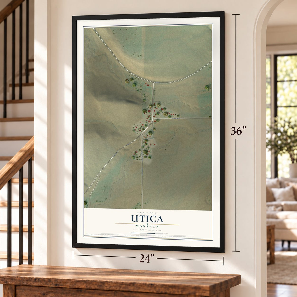 Utica, Montana map, 24 x 36 inch print in a black frame by a staircase