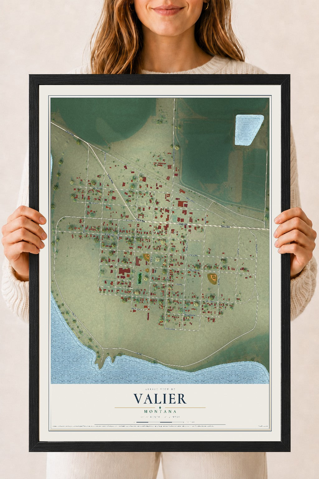 Map of Valier, Montana, 18 x 24 inch print in a black wood frame