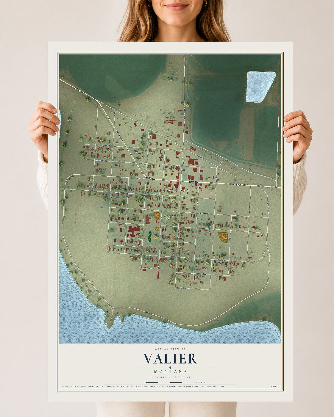Map of Valier, Montana, 24 x 36 inch unframed archival matte print