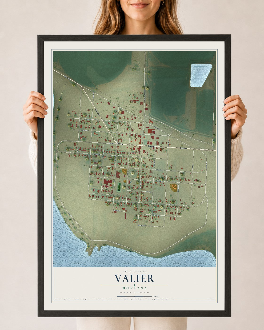 Map of Valier, Montana, 24 x 36 inch print in a black wood frame