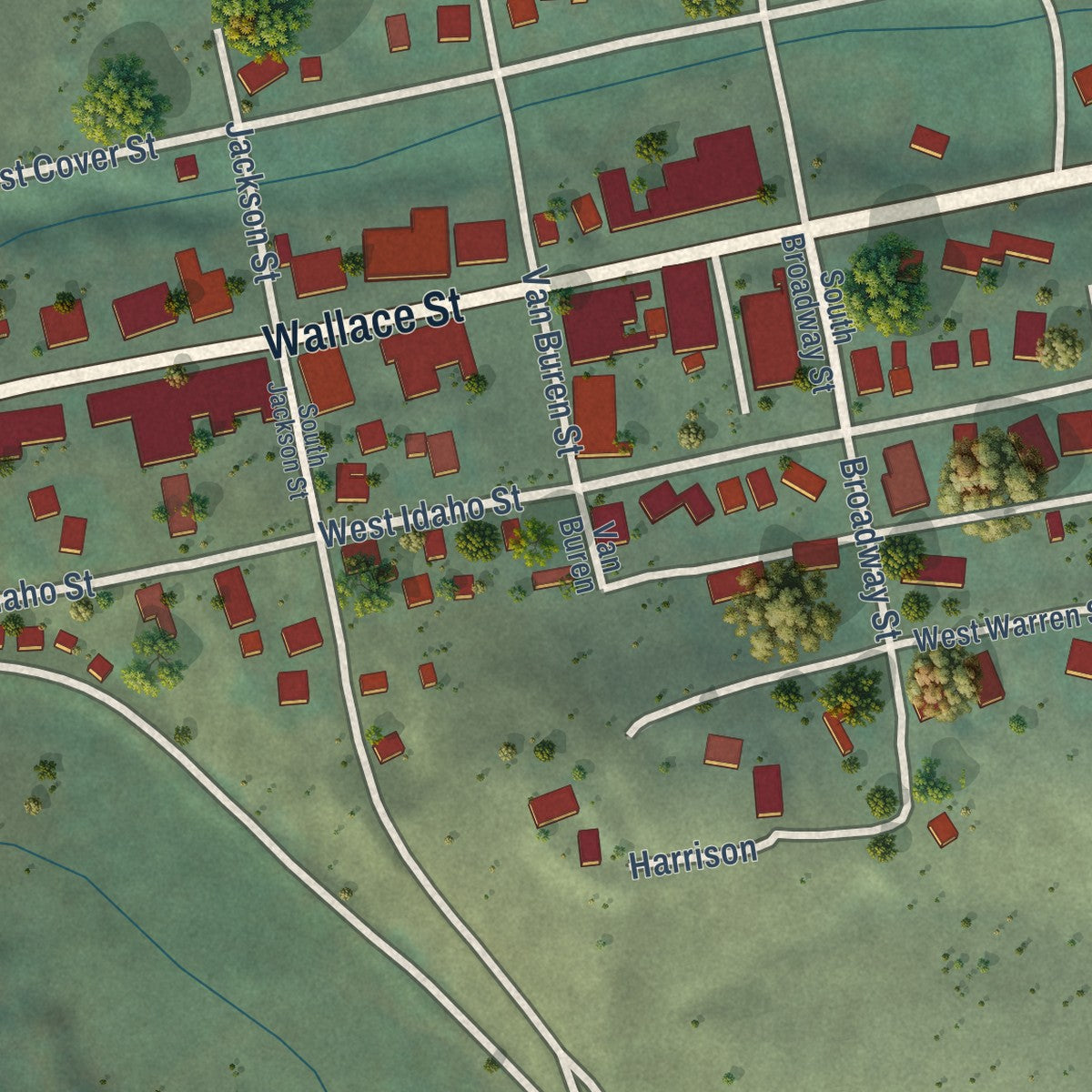 Close-up of the map of Virginia City, Montana print showing street and building detail