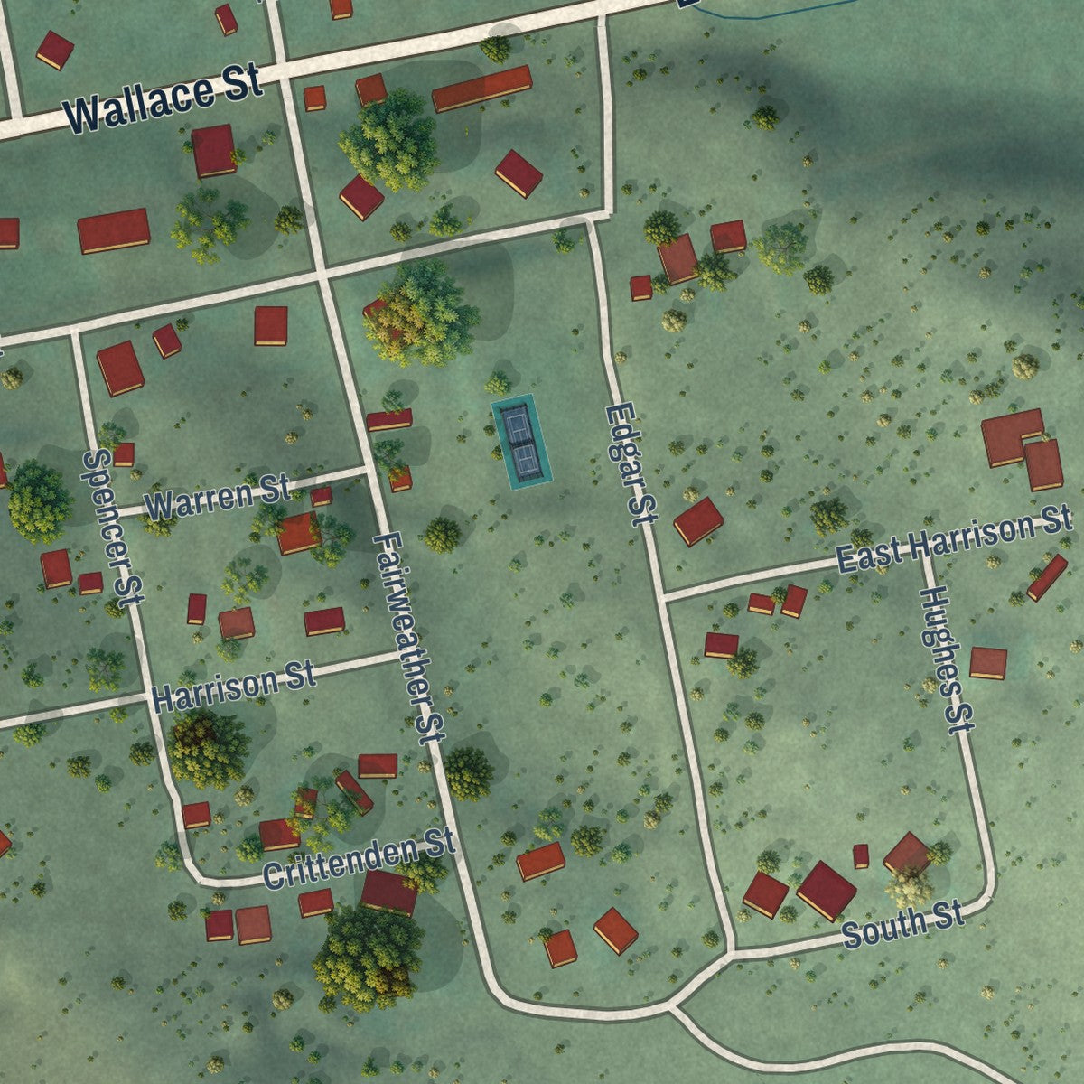 Second close-up of the map of Virginia City, Montana print showing more streets and buildings