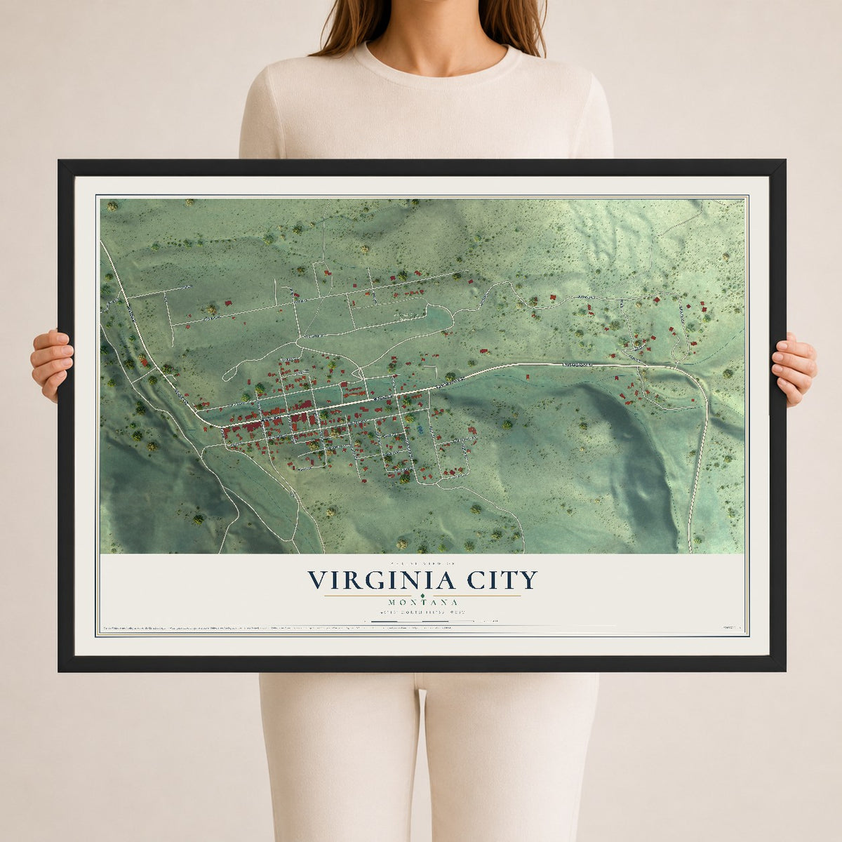Map of Virginia City, Montana, 24 x 36 inch print in a black wood frame