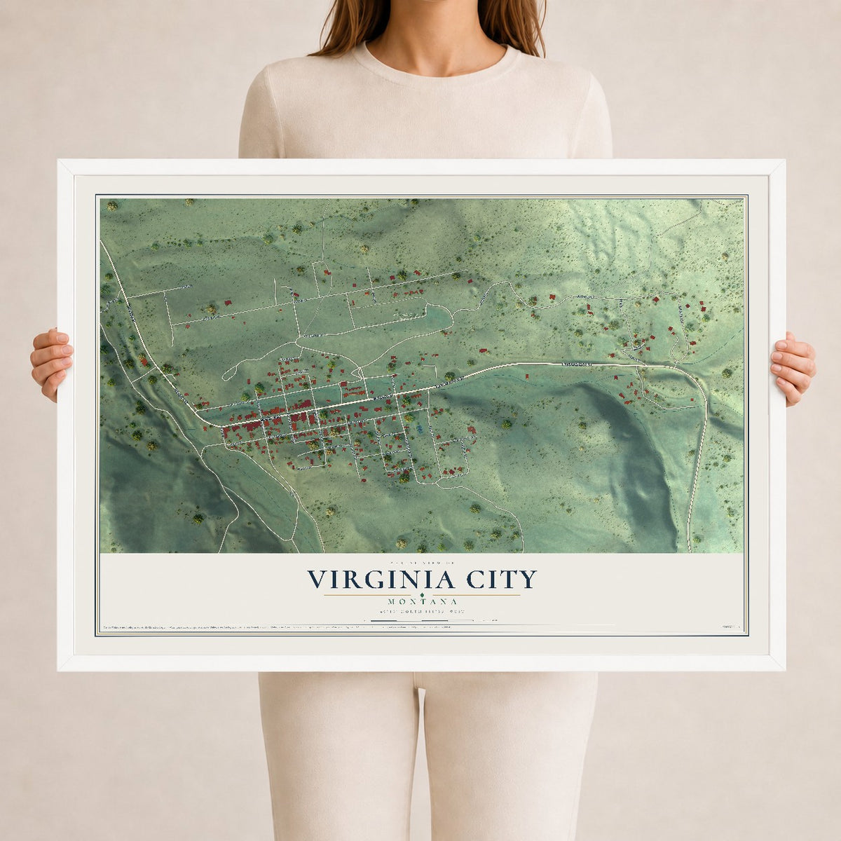 Map of Virginia City, Montana, 24 x 36 inch print in a white wood frame