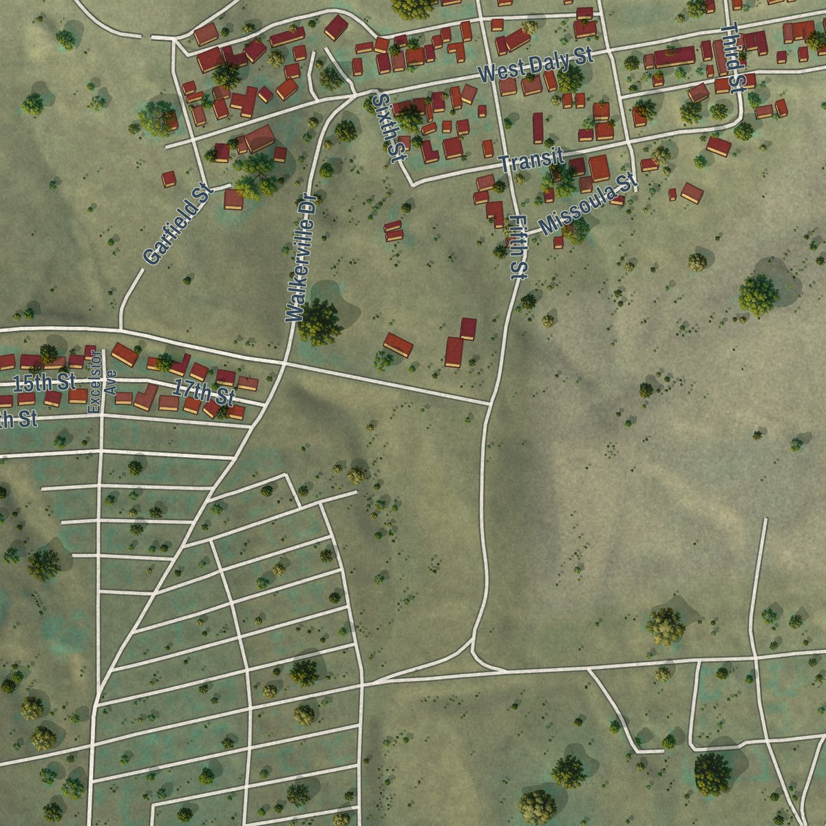 Close-up of the map of Walkerville, Montana print showing street and building detail