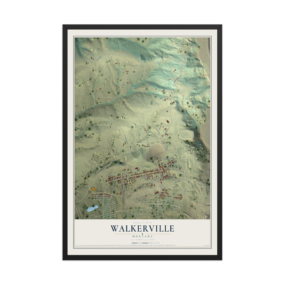Map of Walkerville, Montana, 12 x 18 inch print in a black wood frame