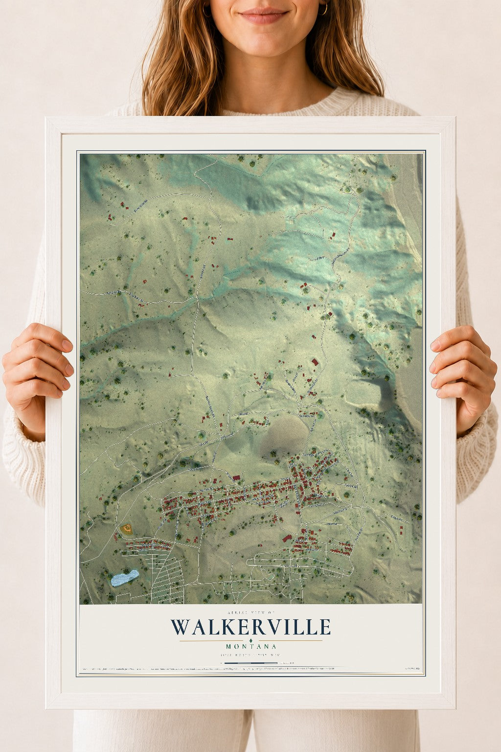 Map of Walkerville, Montana, 18 x 24 inch print in a white wood frame