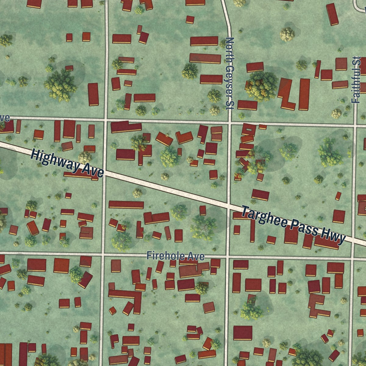 Close-up of the map of West Yellowstone, Montana print showing street and building detail