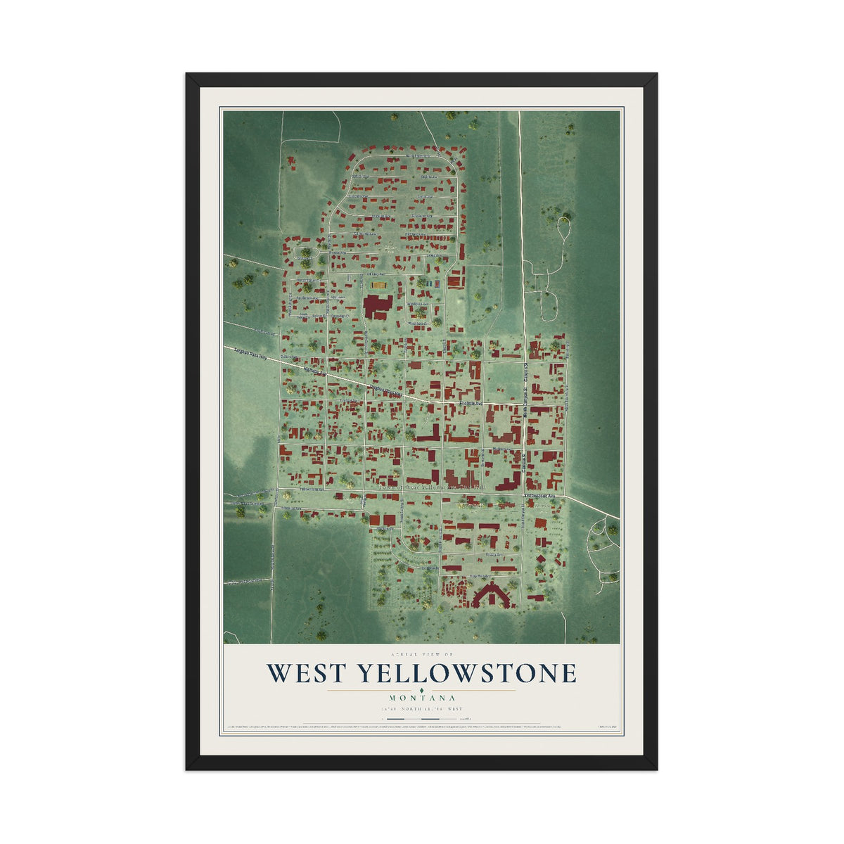 Map of West Yellowstone, Montana, 12 x 18 inch print in a black wood frame