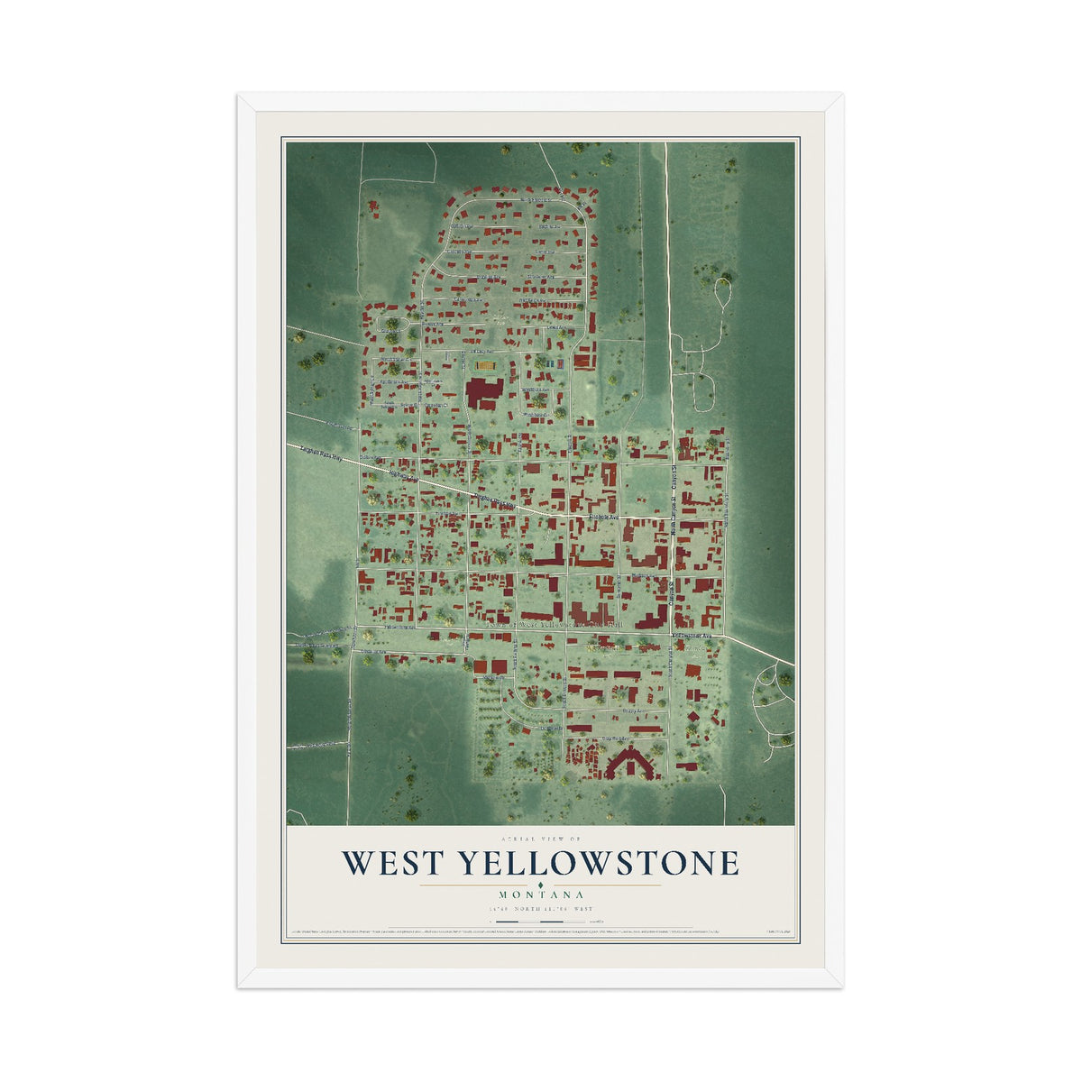Map of West Yellowstone, Montana, 12 x 18 inch print in a white wood frame