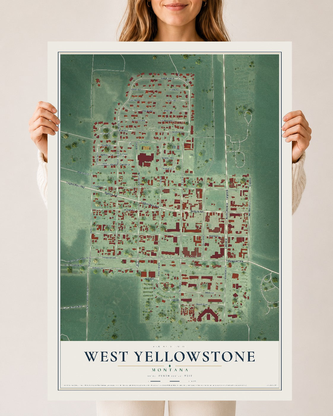 Map of West Yellowstone, Montana, 24 x 36 inch unframed archival matte print