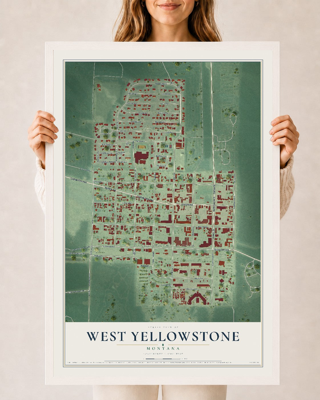 Map of West Yellowstone, Montana, 24 x 36 inch print in a white wood frame
