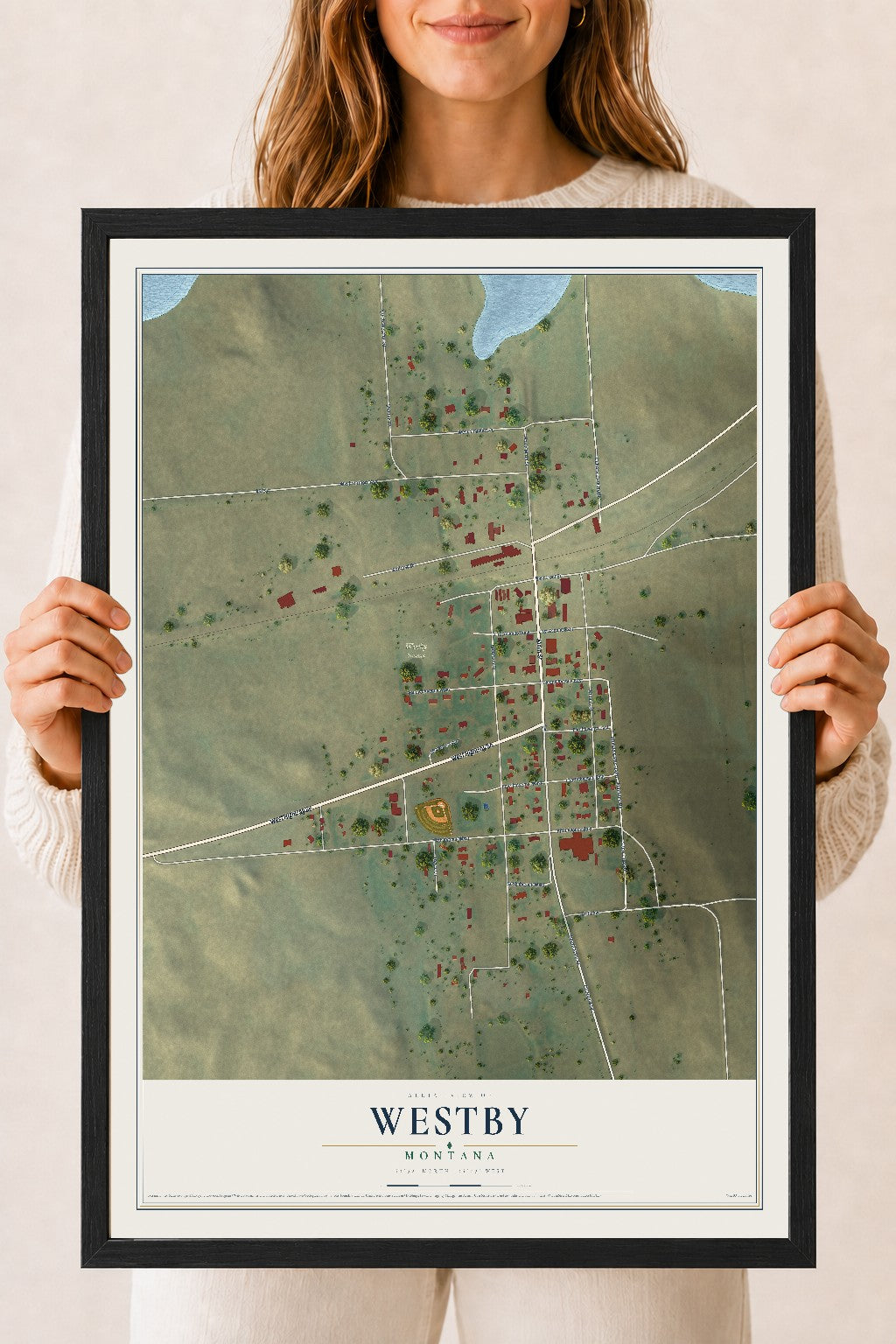 Map of Westby, Montana, 18 x 24 inch print in a black wood frame