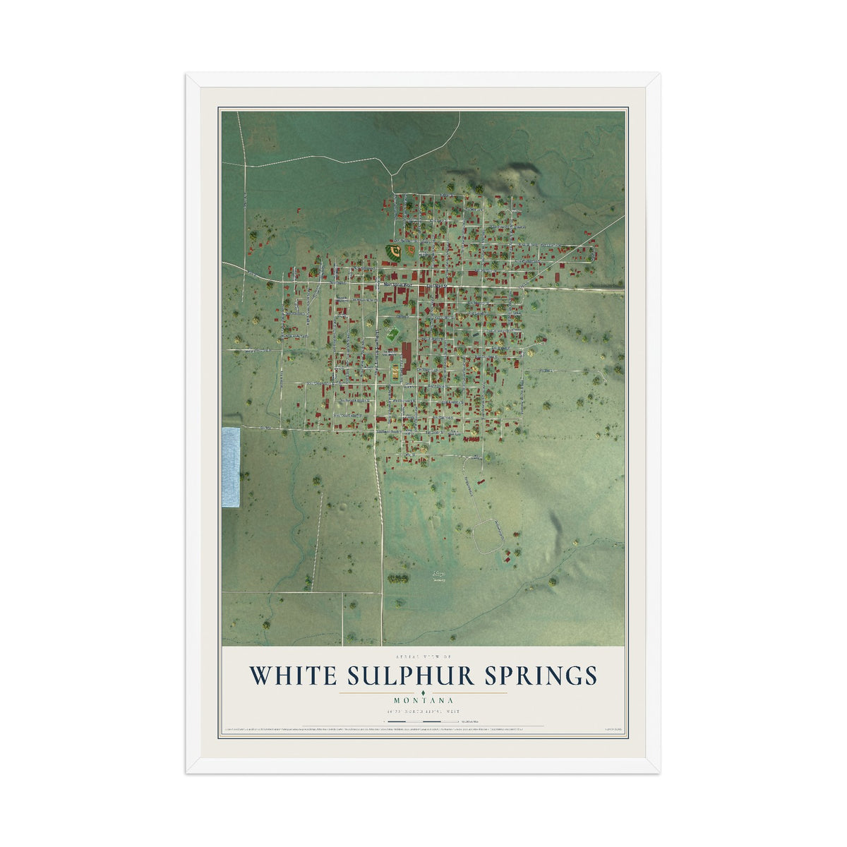 Map of White Sulphur Springs, Montana, 12 x 18 inch print in a white wood frame