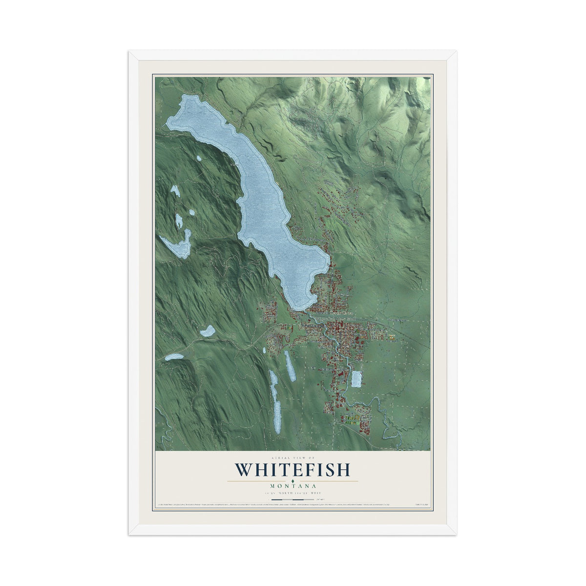Map of Whitefish, Montana, 12 x 18 inch print in a white wood frame