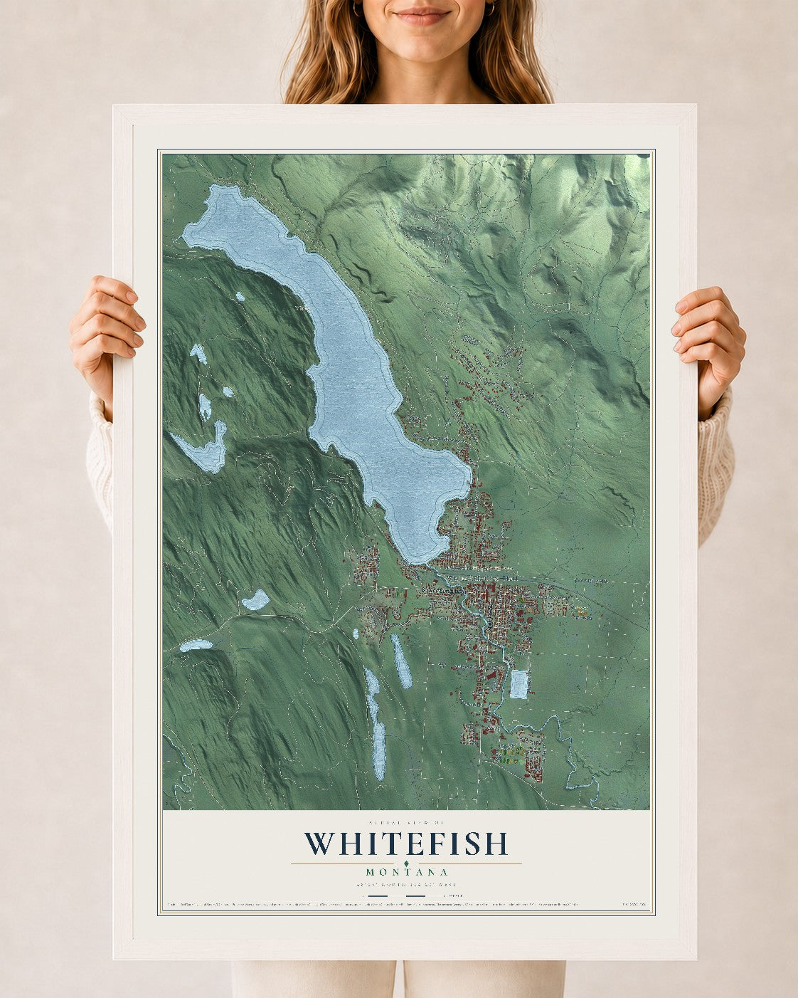 Map of Whitefish, Montana, 24 x 36 inch print in a white wood frame