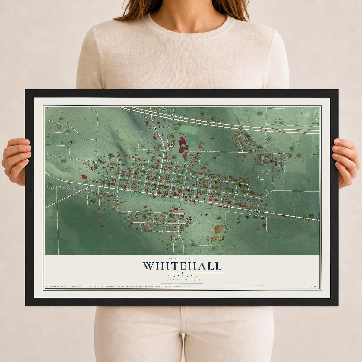 Map of Whitehall, Montana, 12 x 18 inch print in a black wood frame