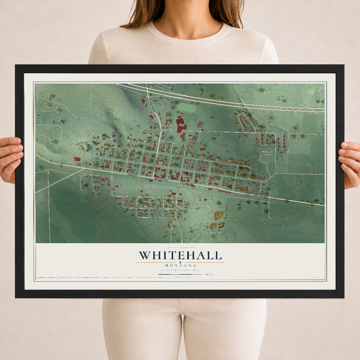 Map of Whitehall, Montana, 18 x 24 inch print in a black wood frame