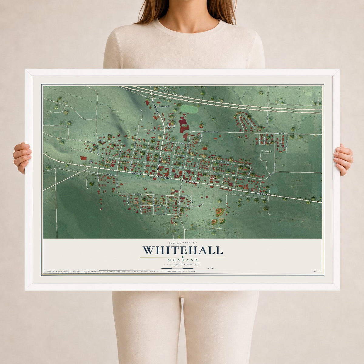Map of Whitehall, Montana, 24 x 36 inch print in a white wood frame