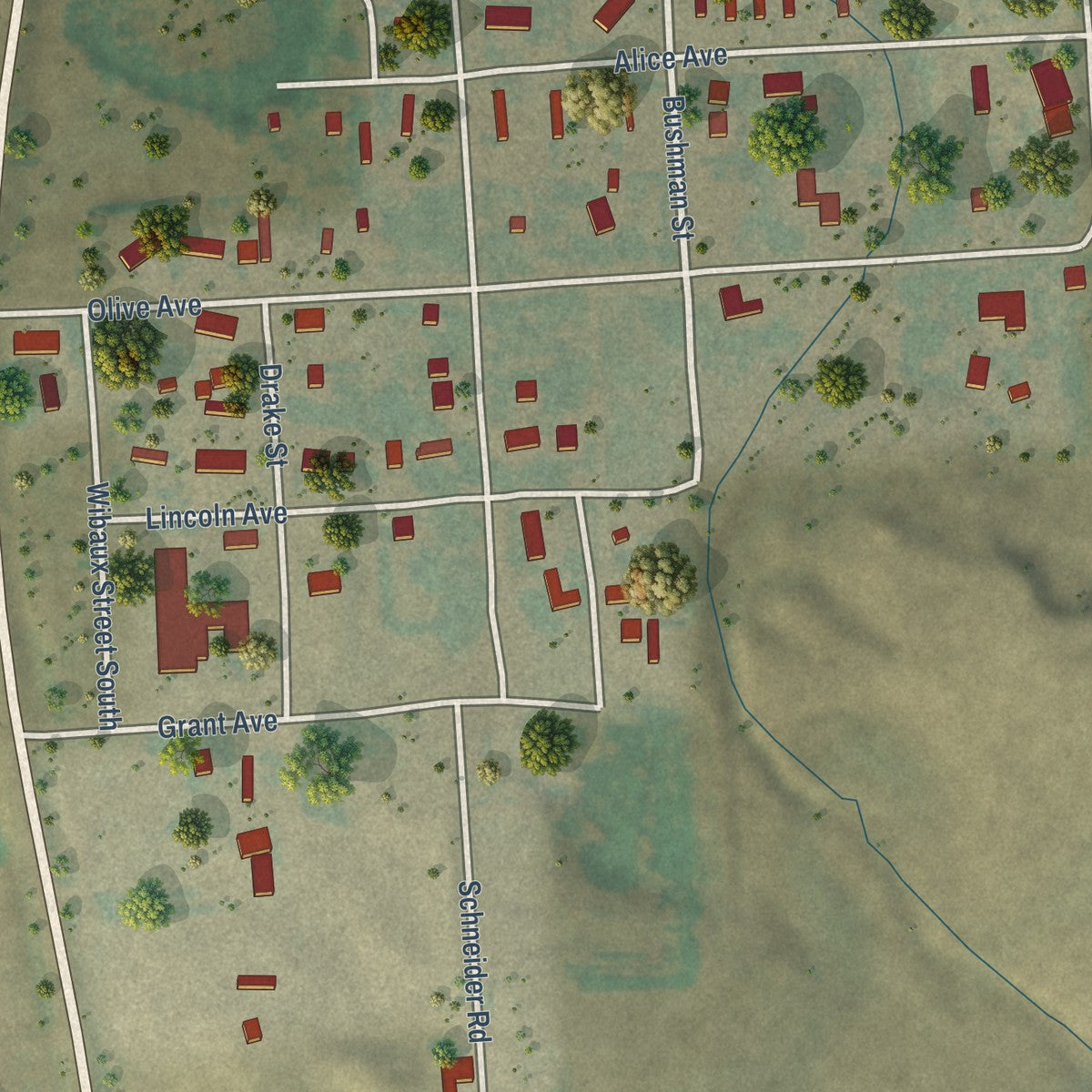 Second close-up of the map of Wibaux, Montana print showing more streets and buildings