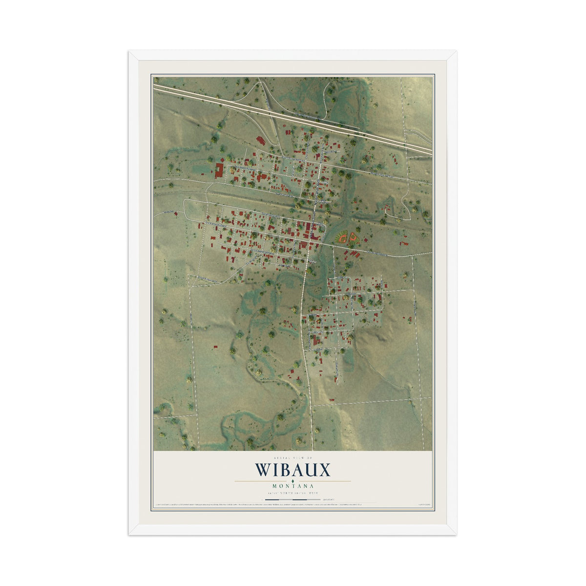 Map of Wibaux, Montana, 12 x 18 inch print in a white wood frame