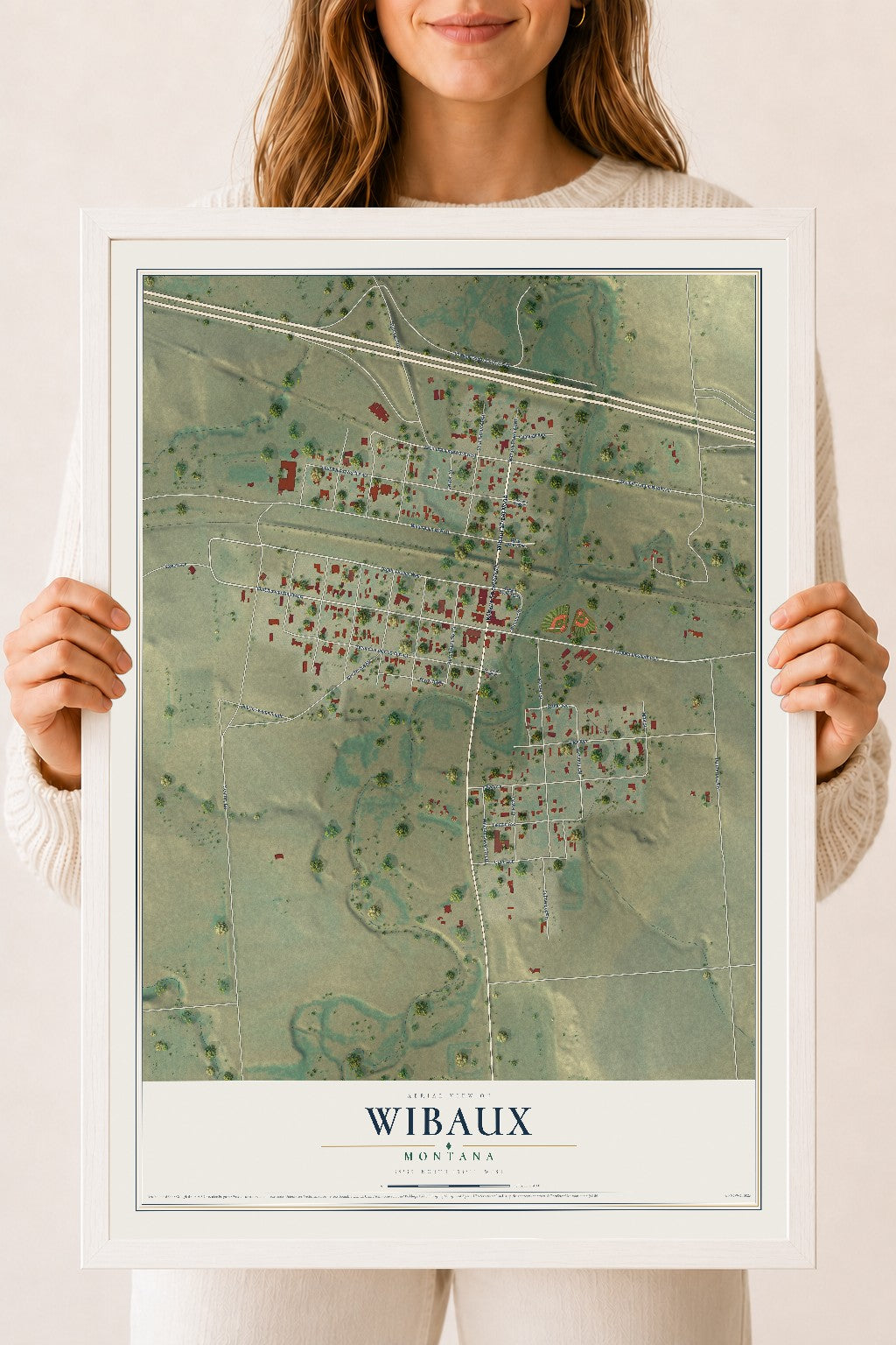 Map of Wibaux, Montana, 18 x 24 inch print in a white wood frame