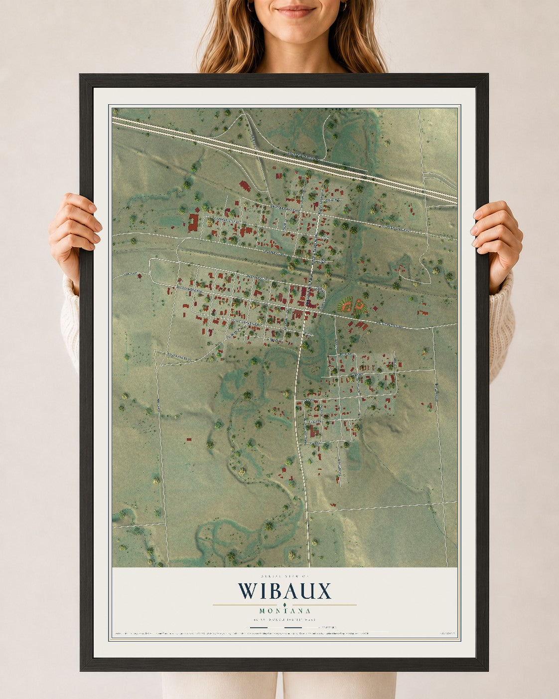 Map of Wibaux, Montana, 24 x 36 inch print in a black wood frame