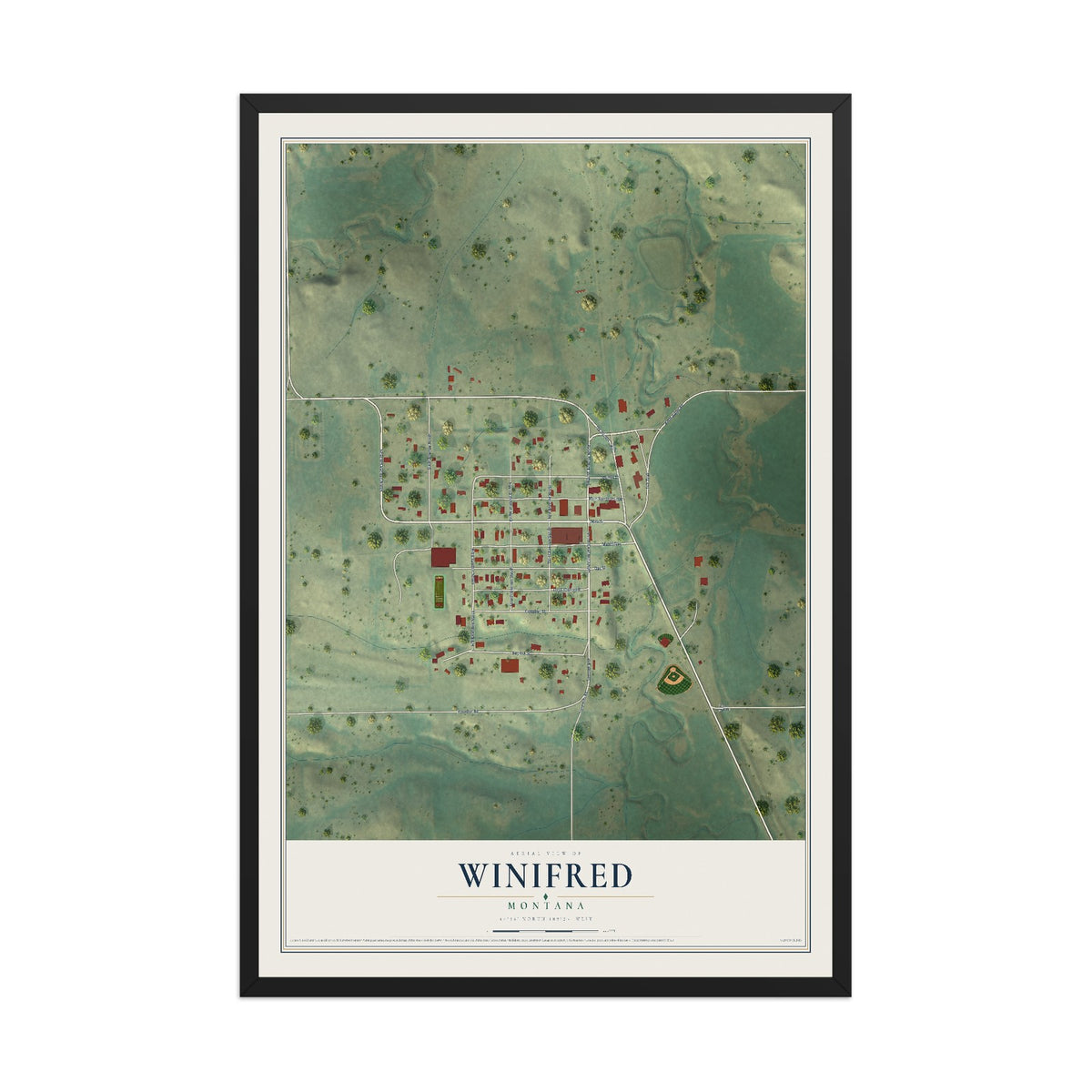 Map of Winifred, Montana, 12 x 18 inch print in a black wood frame