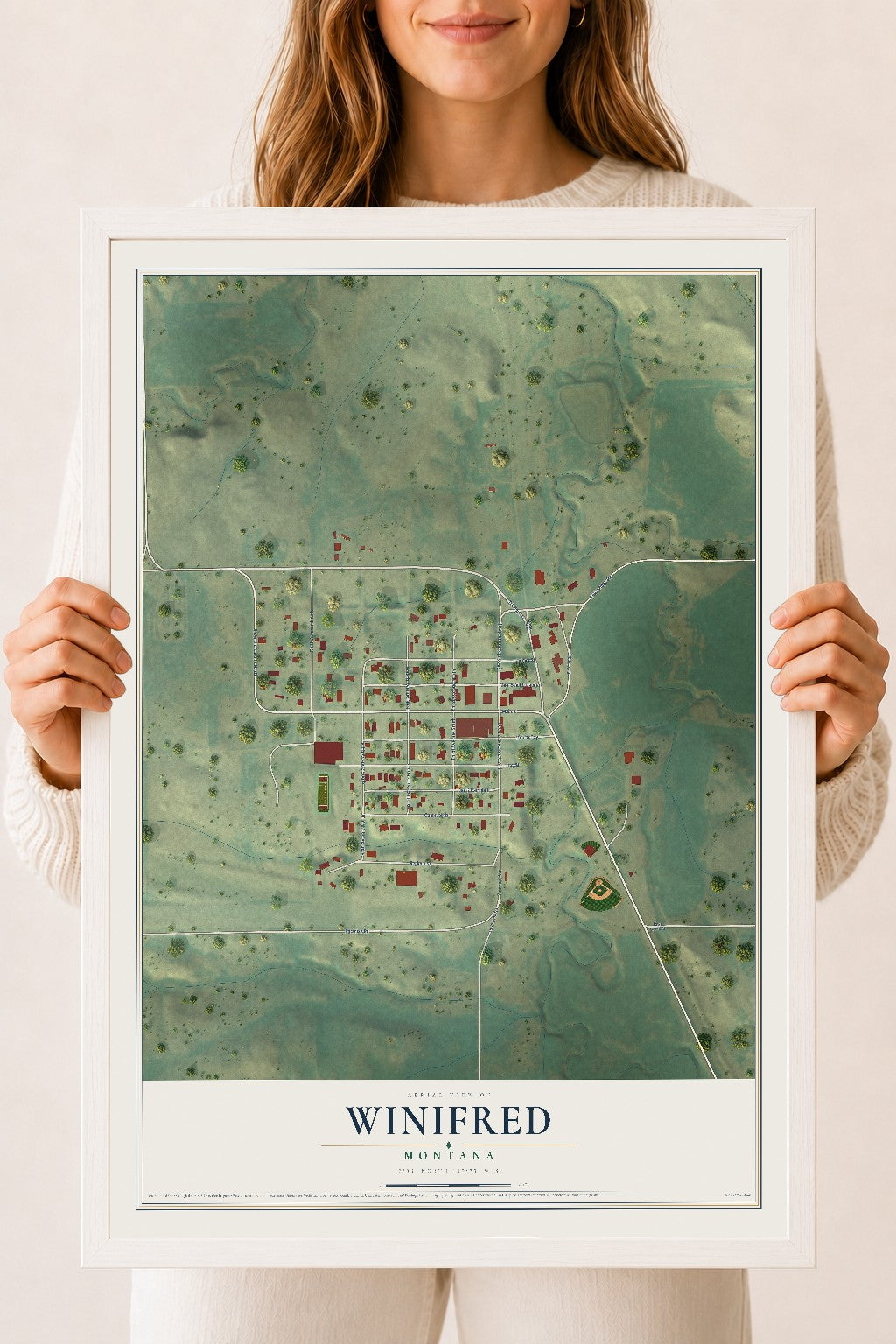 Map of Winifred, Montana, 18 x 24 inch print in a white wood frame