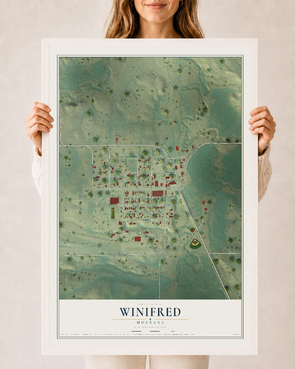 Map of Winifred, Montana, 24 x 36 inch print in a white wood frame