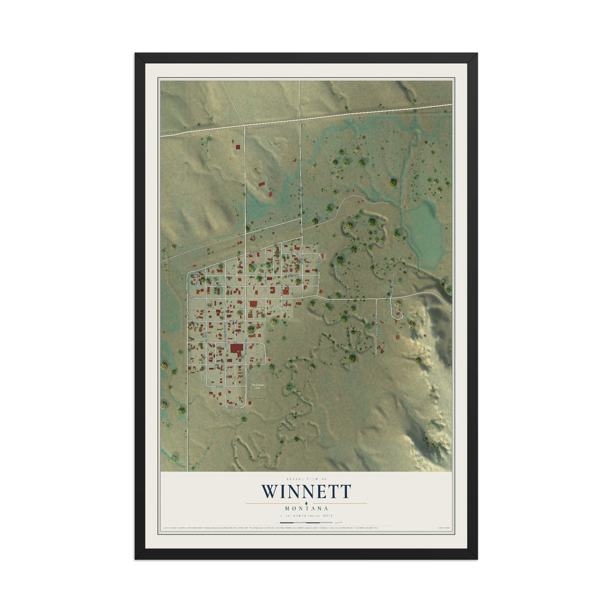 Map of Winnett, Montana, 12 x 18 inch print in a black wood frame