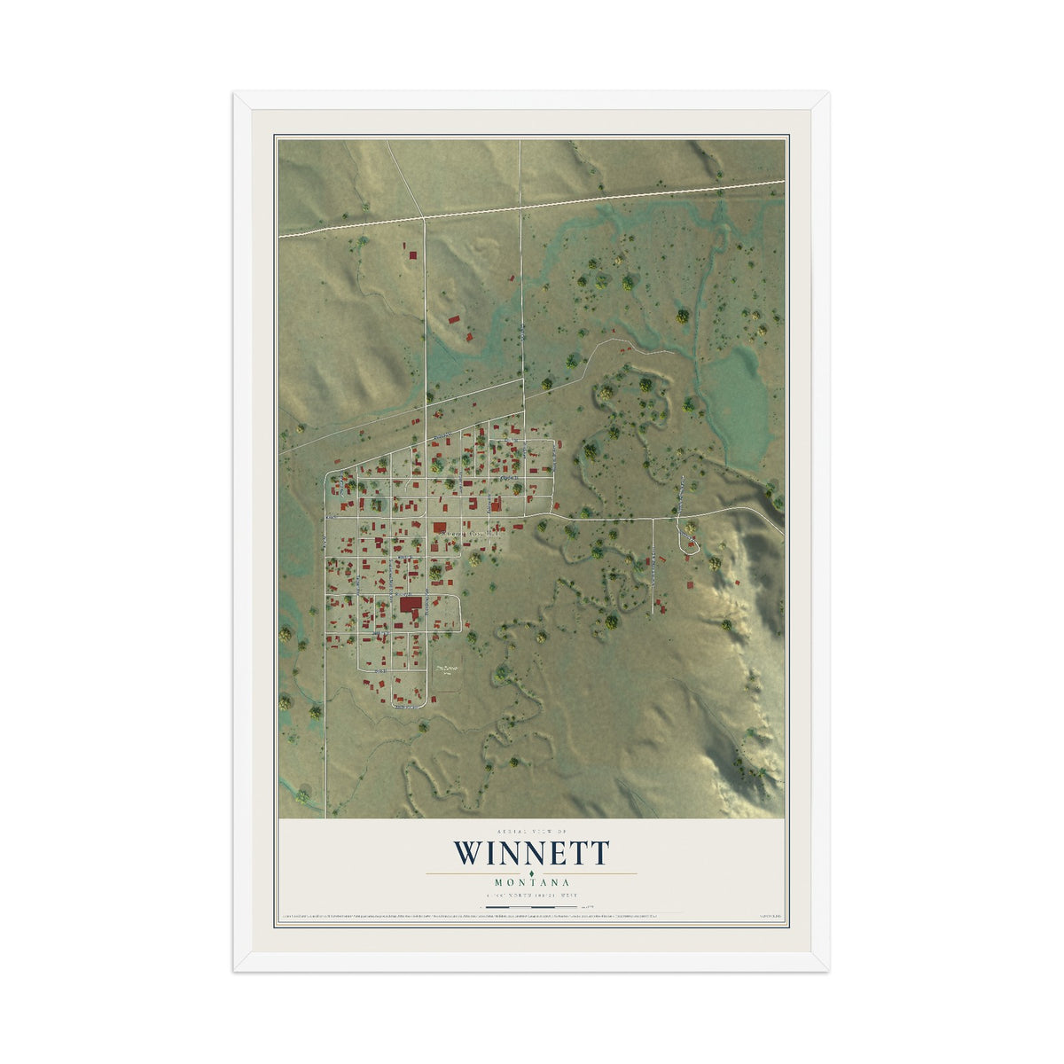 Map of Winnett, Montana, 12 x 18 inch print in a white wood frame