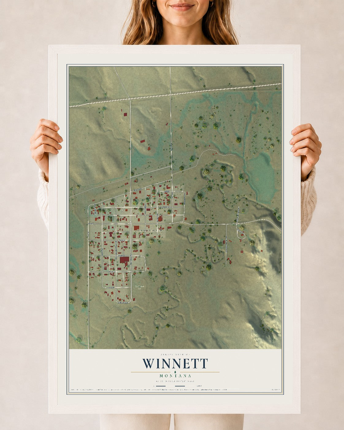 Map of Winnett, Montana, 24 x 36 inch print in a white wood frame