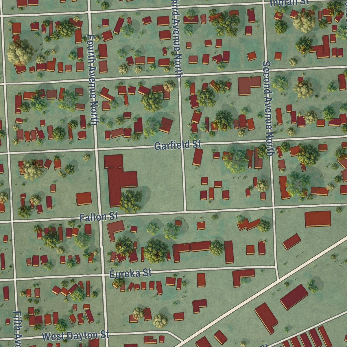Close-up of the map of Wolf Point, Montana print showing street and building detail