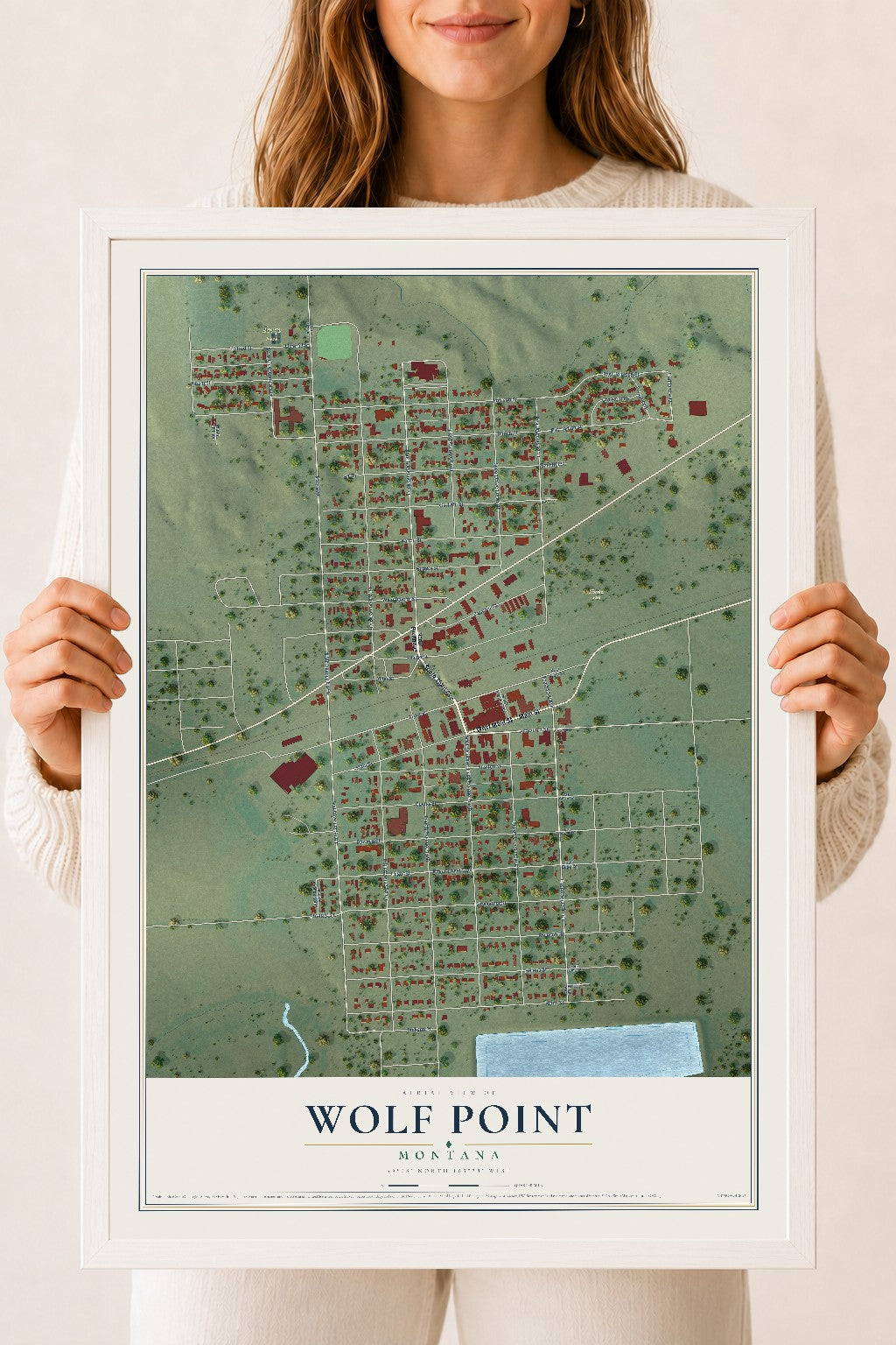 Map of Wolf Point, Montana, 18 x 24 inch print in a white wood frame