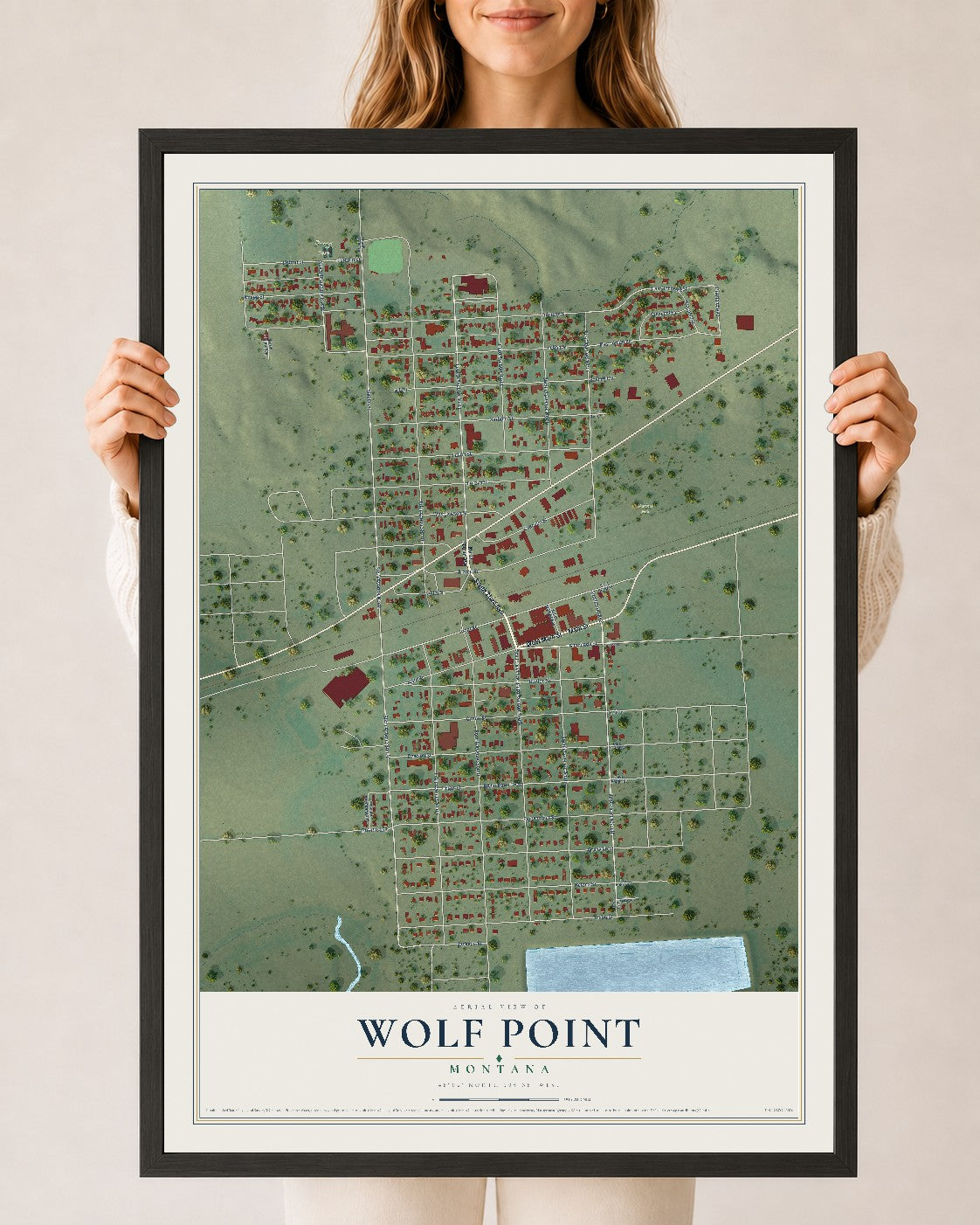 Map of Wolf Point, Montana, 24 x 36 inch print in a black wood frame