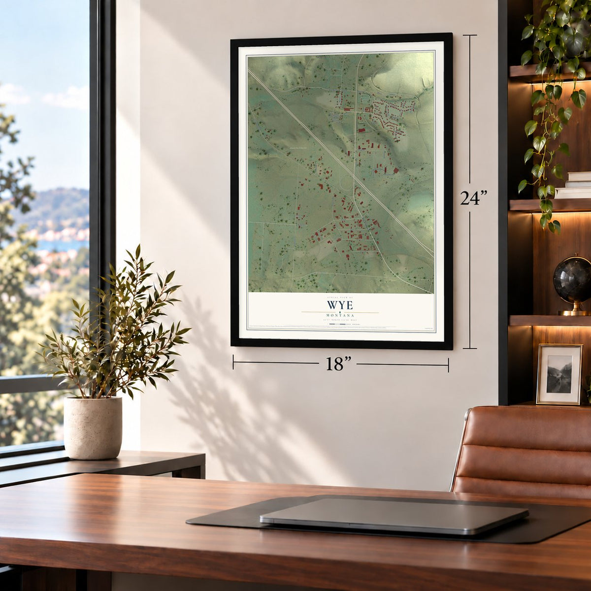 Wye, Montana map, 18 x 24 inch print in a black frame in a home office