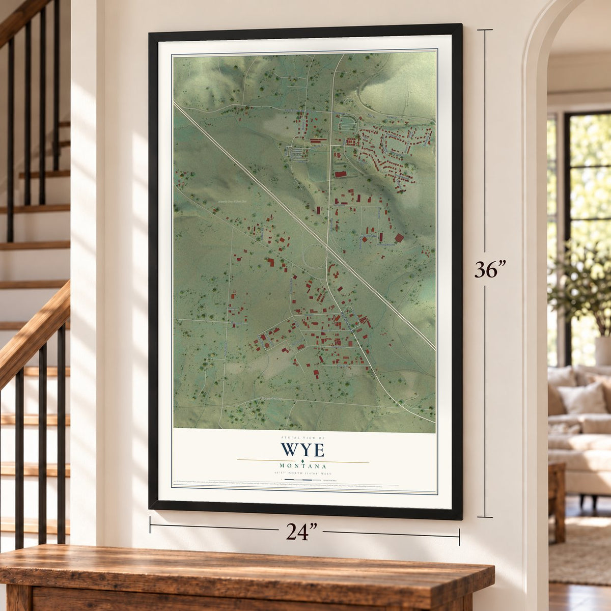 Wye, Montana map, 24 x 36 inch print in a black frame by a staircase