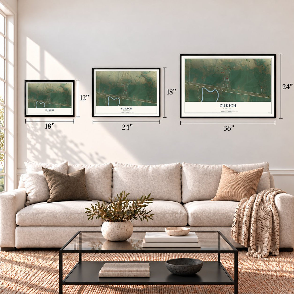 Zurich, Montana map in 12 x 18, 18 x 24 and 24 x 36 inch sizes above a sofa