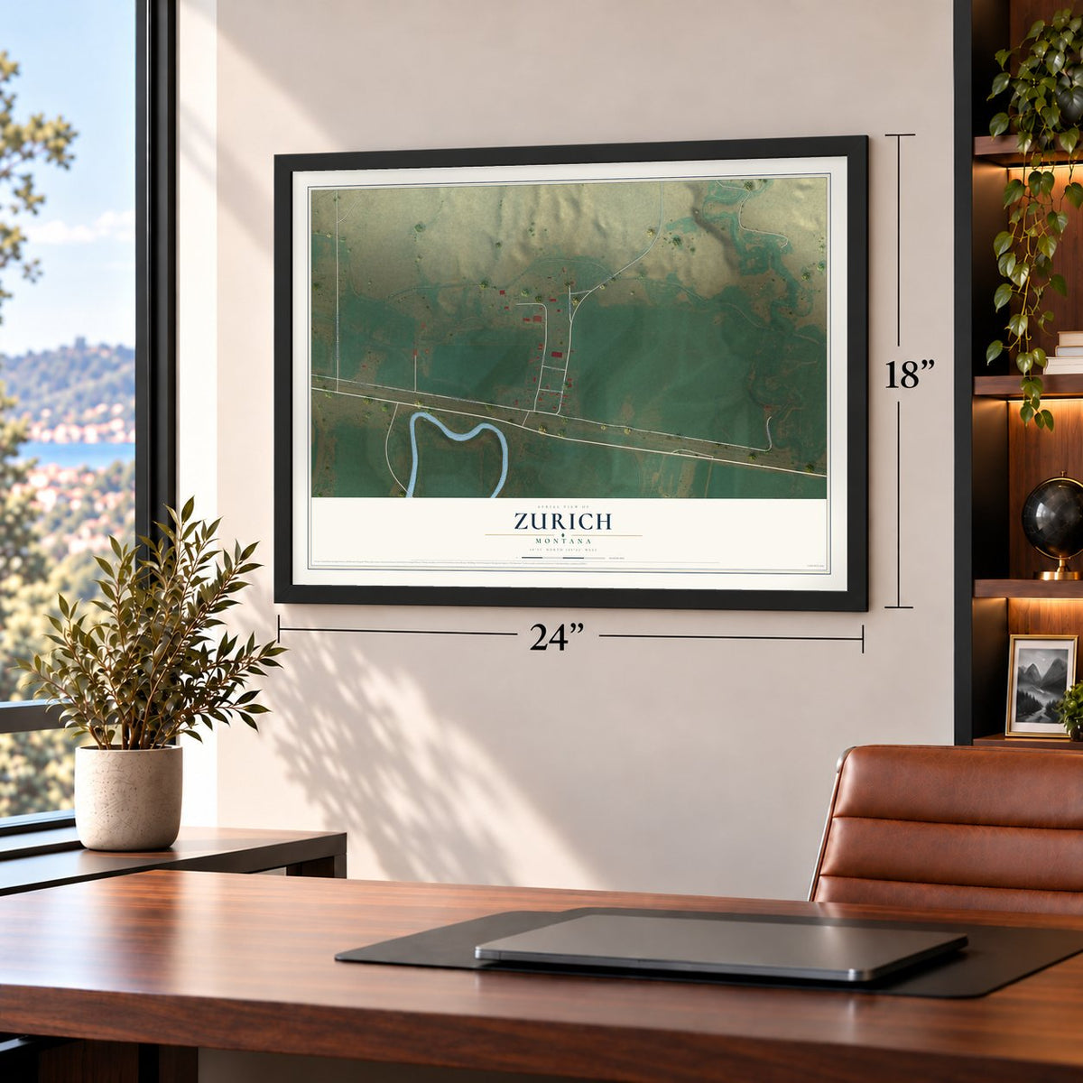 Zurich, Montana map, 18 x 24 inch print in a black frame in a home office