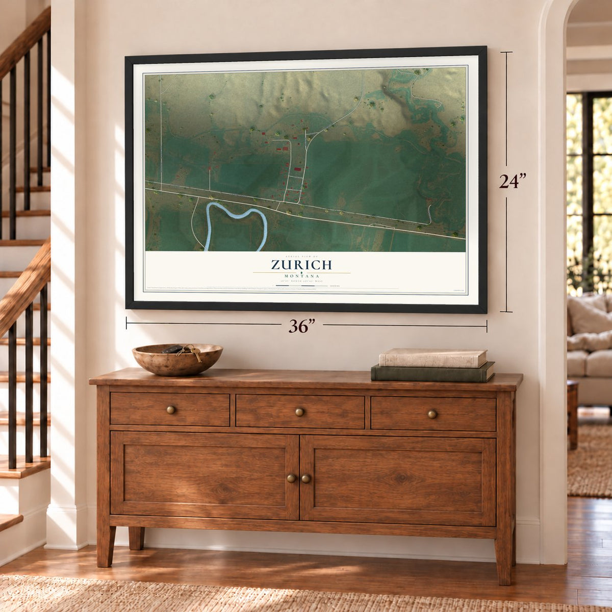 Zurich, Montana map, 24 x 36 inch print in a black frame above a dresser by a staircase