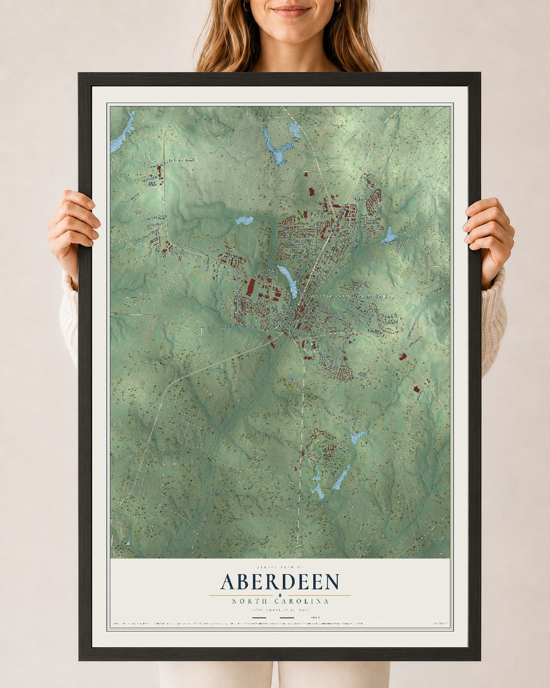Map of Aberdeen, North Carolina, 24 x 36 inch print in a black wood frame