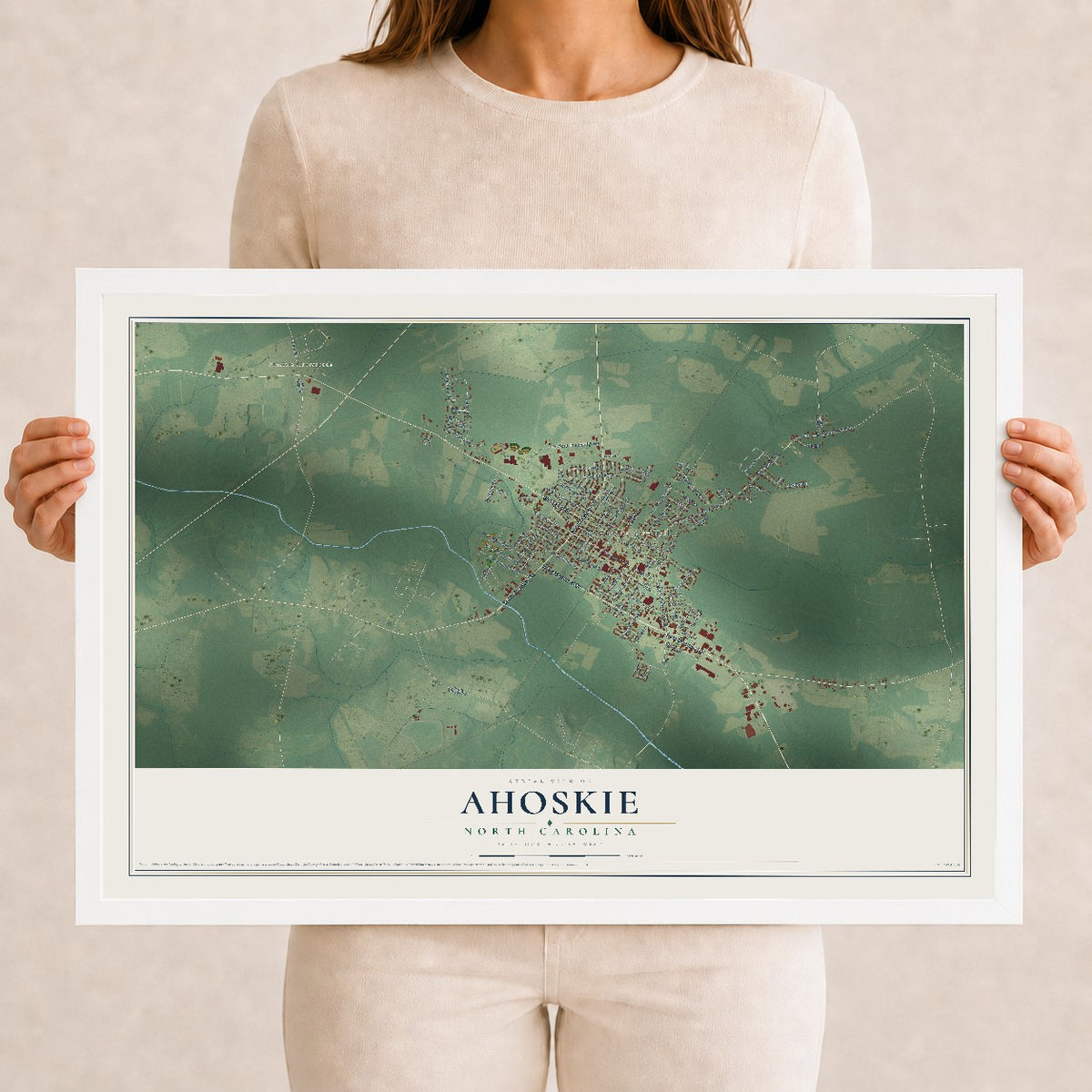 Map of Ahoskie, North Carolina, 12 x 18 inch print in a white wood frame