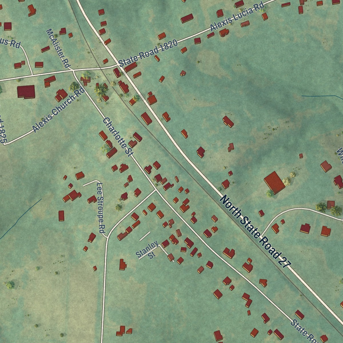 Close-up of the map of Alexis, North Carolina print showing street and building detail