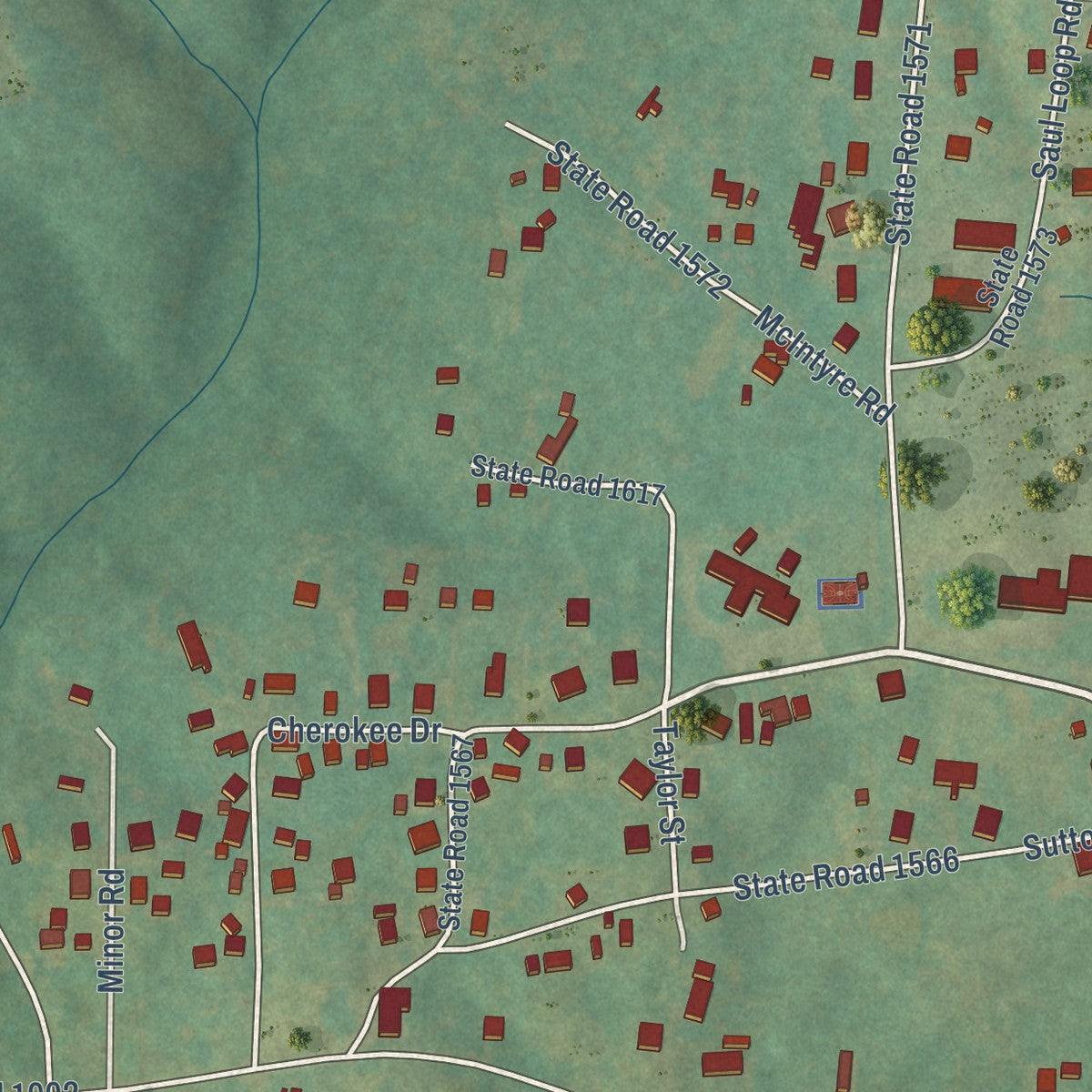 Close-up of the map of Altamahaw, North Carolina print showing street and building detail