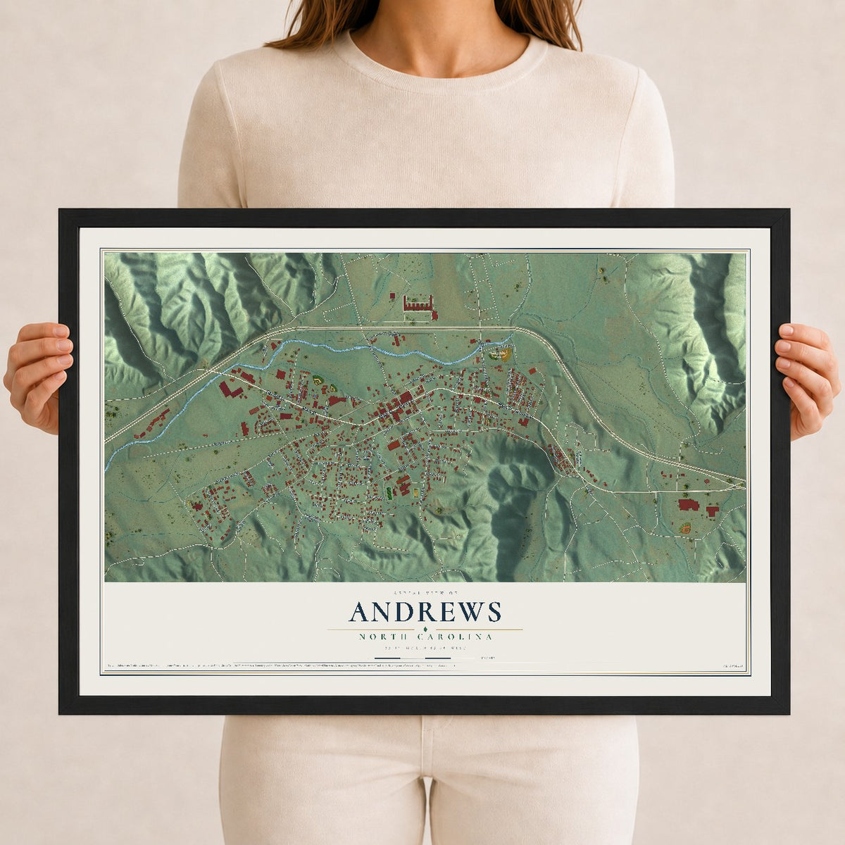 Map of Andrews, North Carolina, 12 x 18 inch print in a black wood frame