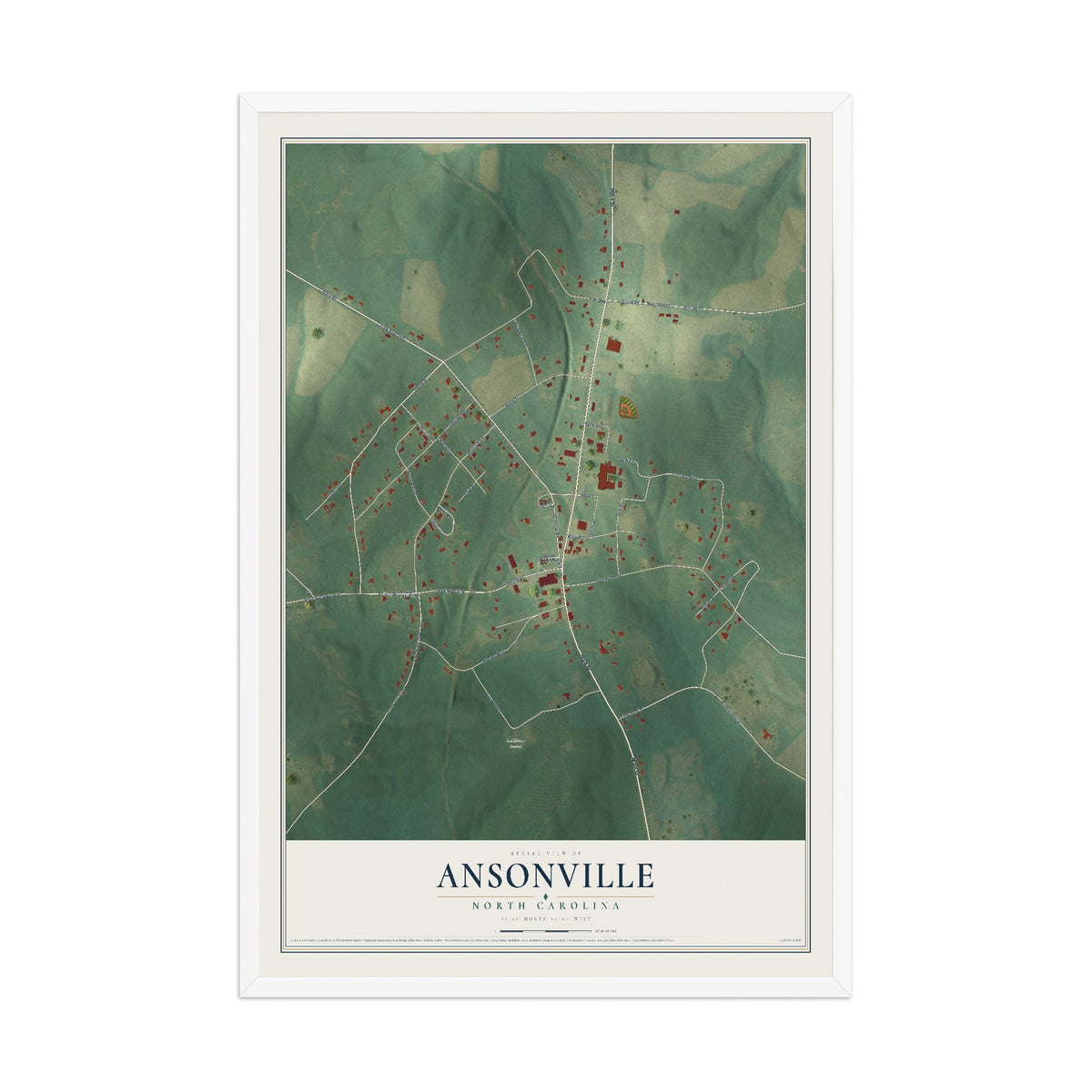 Map of Ansonville, North Carolina, 12 x 18 inch print in a white wood frame