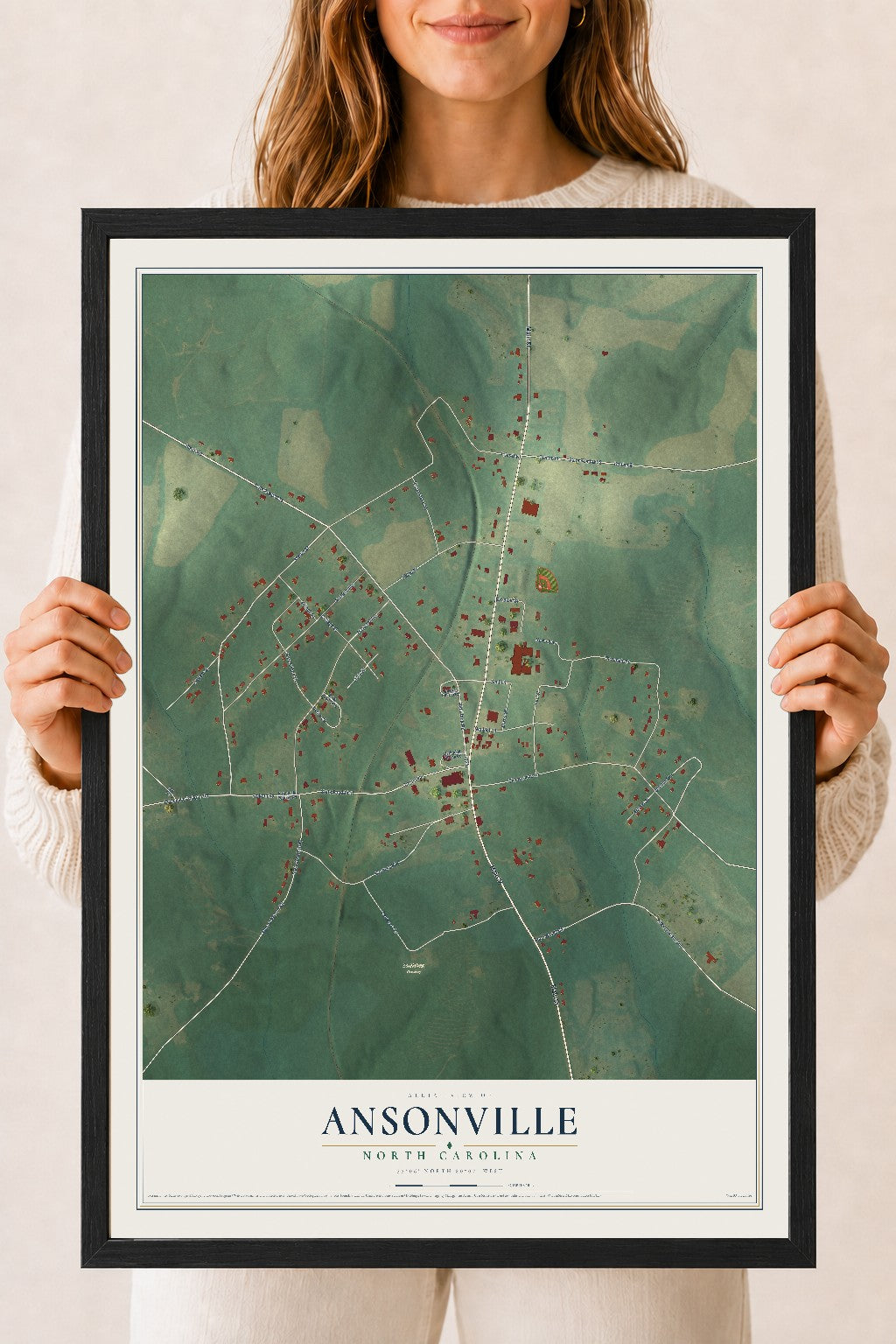 Map of Ansonville, North Carolina, 18 x 24 inch print in a black wood frame